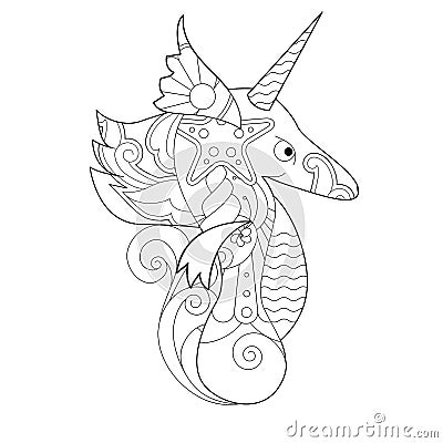 Contour linear illustration with sea horse for coloring book. Cute seahorse, anti stress picture. Line art design for adult or kid Cartoon Illustration